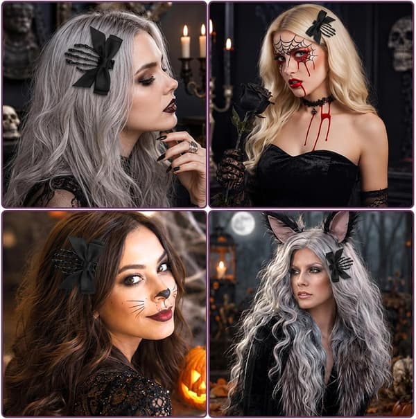 4 stk Halloween hårtilbehør med skelet hånd, hårklemmer, sort black