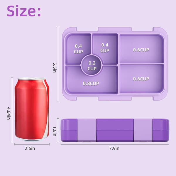 1 stk Bento matboks for barn, med 6 rom for barn (lilla, 5,5*7,9*1,8 tommer) purple