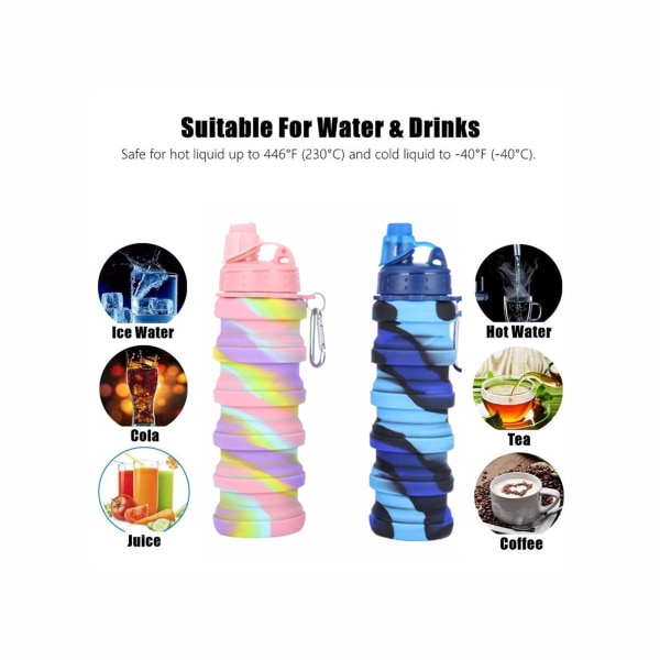 2 kpl Silikoni kokoontaitettava vesipullo uudelleen käytettävä kannettava taitettava vesipullo BPA-vapaa turvallinen ja terveellinen vuototiivis urheiluvaellusmatkoille ja telttailulle