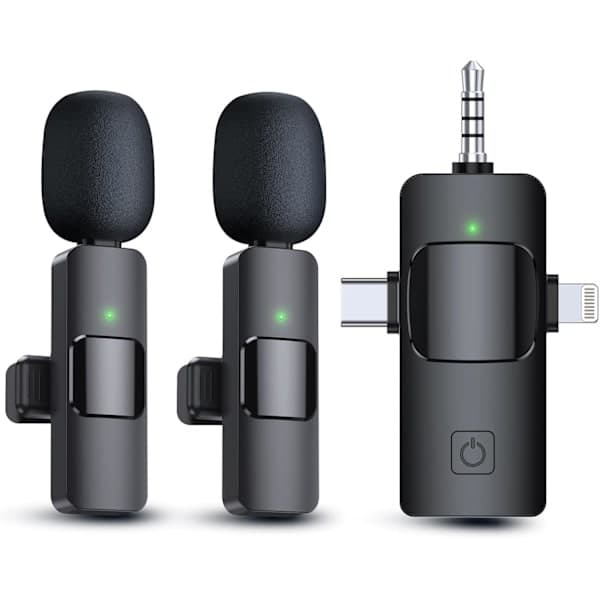 2-i-1 trådløse lavaliermikrofoner for iPhone, Android, kamera, USB-C-mikrofon, minimikrofon med støyreduksjon for videoopptak, vlogging
