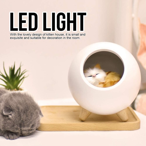 Cat Pet House Bordlampe, Søt Katt Nattlys Little Pet House Dual Power USB Lading LED Nattlampe Soveromsbelysning Atmosfærelampe (Hvit)