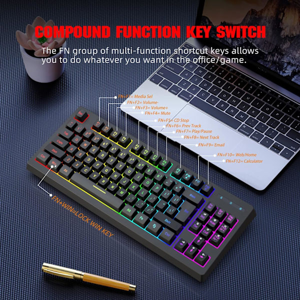 Pelikäyttöön tarkoitettu näppäimistö 87 näppäintä 2.4G langaton RGB-lämpösiirto 1800mAh / Windows-yhteensopiva työtietokoneelle ja kodin pelaamiseen langaton näppäimistö (musta) black