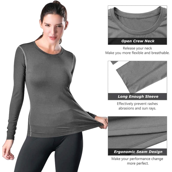 Naisten kompressiopaita Dry Fit pitkähihainen juoksu Athletic T-paita harjoitustopit, iso 2 pakkaus (harmaa+punainen)