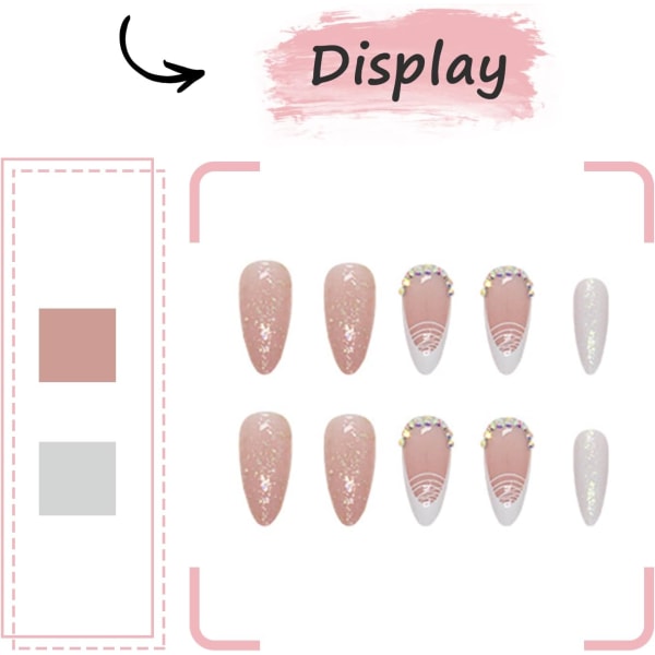 24 stk. franske tips tryk på negle mandel, medium falske negle blanke hvide linjer falske negle med klæbende faner, akryl fuld dækning stick på negle