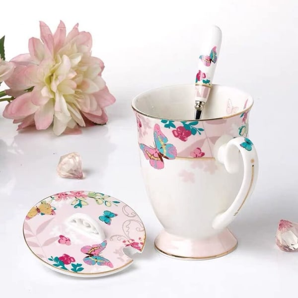 Tech Euro Style Porslin Te-kopp Kaffe Mugg med Lock för Frukost Hem Kök ((Fjärilsmönster) (Rosa)) A