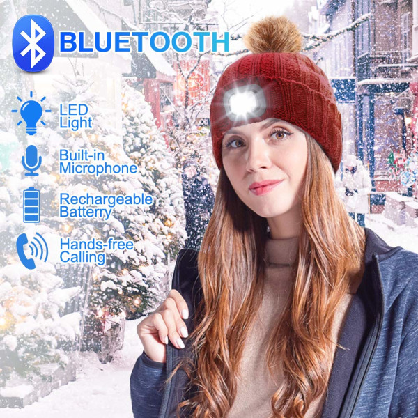Trådløs Bluetooth Beanie Hat med 4 LED-forlygter USB Genopladelig V5.0 Beanie Hat Varmer Fleeceforet Indbyggede stereohøjttalere og mikrofon