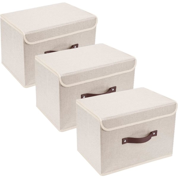 Sammenfoldelige opbevaringsspande 3 pakke opbevaringskasser med låg og håndtag Opbevaringskurve i linned Opbevaringsorganer til legetøj, hylder, bøger osv. (beige)