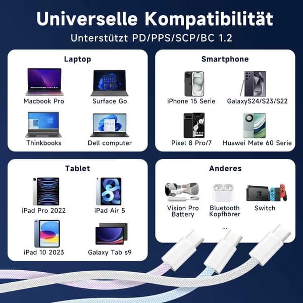 3-pak 1M USB C-opladerkabel til Apple iPhone 17/16/15, kabel til iPhone 17/17 Pro/17 Pro Max/Air/16/16e/15, MacBook Air 13 tommer/MacBook Pro