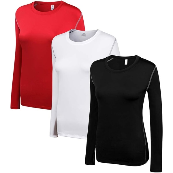 Kompressionströja för damer med torr passform och långärmad löpning atletisk T-shirt träningströjor, stor 3-pack (svart+vit+röd)
