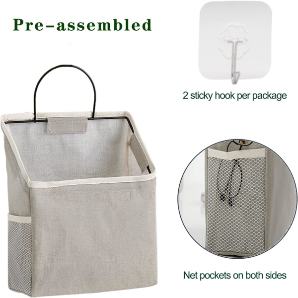 2-pak vægophængende opbevaringstaske med klæbrig krog, skabsopbevaring til lomme, linned bomuldsbeholdere (grå)