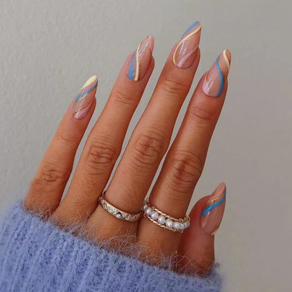 Swirl Almond Falska Naglar Wave Line Stiletto Stick on Naglar Abstrakt Rosa Falska Naglar 24Pcs Akryl Art Press on Nagelspetsar för Kvinnor och Flickor
