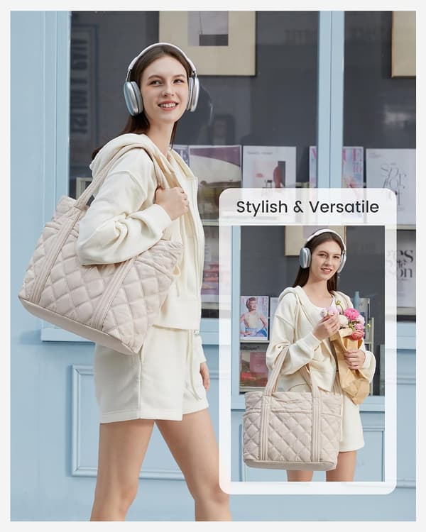 1 stk. bærbare muleposer til kvinder, letvægts puffer håndtaske til skole, beige Beige