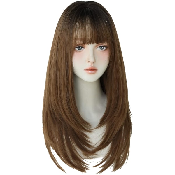 Hårfärgningsperuk för kvinnor Syntetiskt hår Naturlig lång rak peruk med lugg (25 tum, Honey tea Dye Top Black)