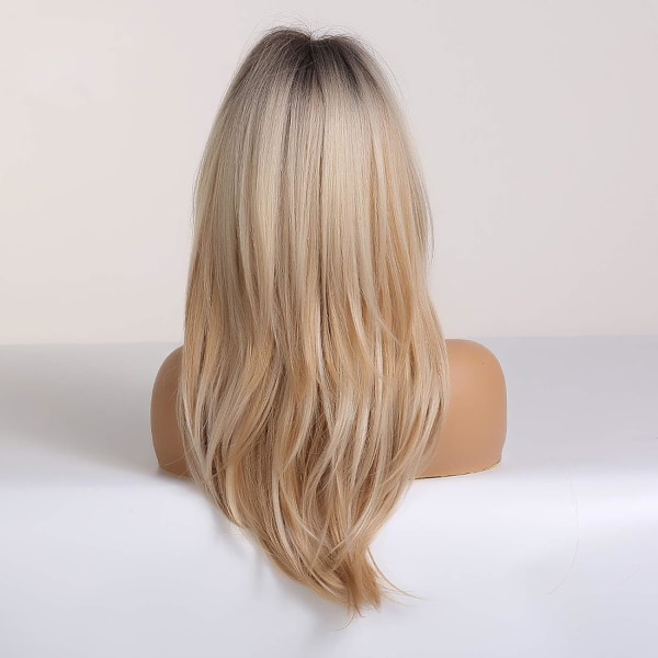 Långa blonda peruker för kvinnor, peruk av syntetiskt hår i lager med mörka rötter för daglig fest