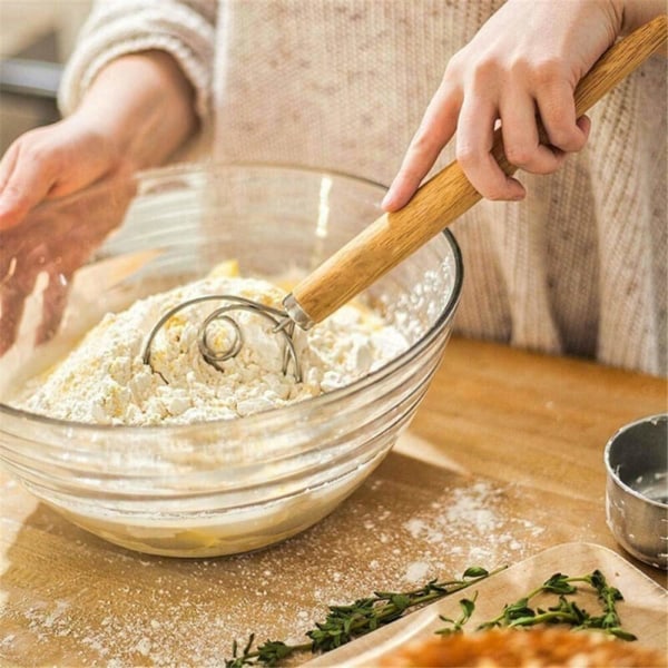 Alkuperäinen tanskalainen taikinavispilä, 13 tuumaa ruostumatonta terästä hollantilaistyylinen leipätaikina käsisekoitin puinen kahva keittiön leivontatyökalut