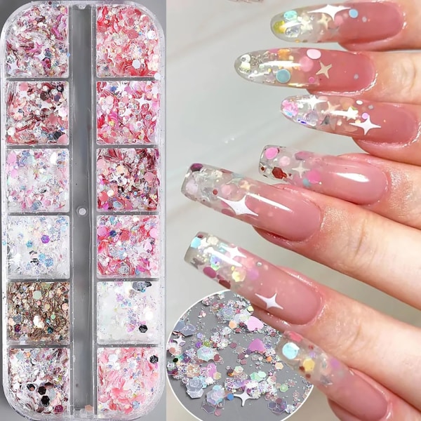 12 väriä Kuusikulmio paksu kimaltele Holografiset askartelut Tarrat Paljetit Sydän Nail Art Glitter Merenneito Puuteri Hiutaleet Kiiltävät Charms Tähtipaljetit