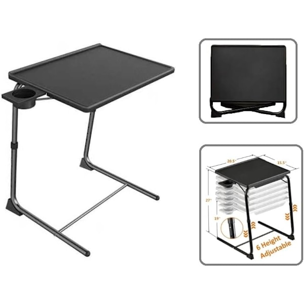 Bærbar justerbar sammenklappelig bord Stue TV Computer bord Multifunktionel med kopholder Sort/Hvid