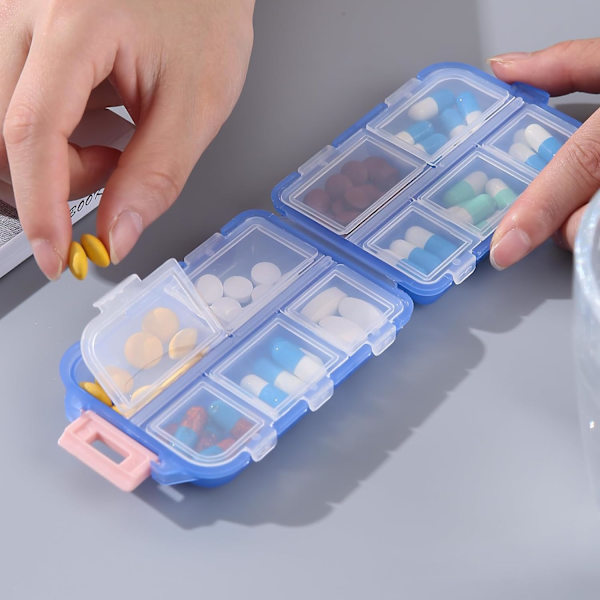 1-pack resetable pillerorganisator - 10 fack pillerfodral, kompakt och bärbar pillerask - blå