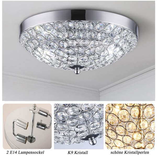 LED lysekrone krystal loftslampe, moderne loftslampe med elegant design, bredde 30 x højde 12 cm, 2 lampeholdere, pære ikke inkluderet