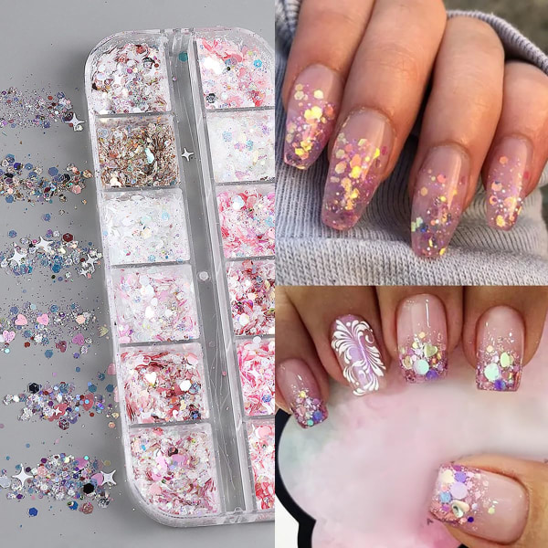 12 farger Hexagon Chunky Glitter Holografisk Håndverk Klistremerker Paljetter Hjerte Nail Art Glitter Havfrue Pulver Flakes Shiny Charms Stjerne paljetter