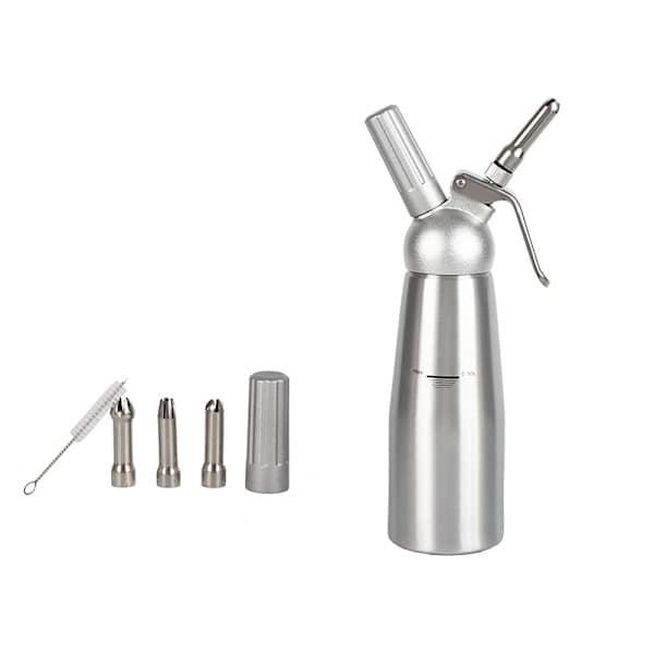 Aluminium flødesifon 500 ml, professionel flødedispenser med 3 dyser og rengøringsbørste