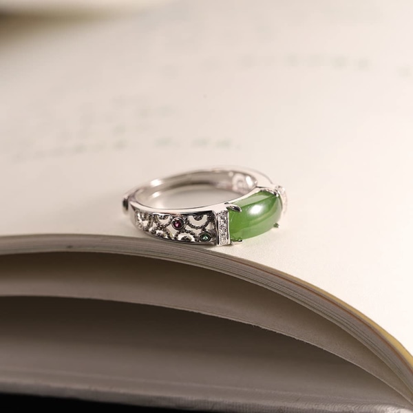 925 Sterling Sølv Inlagt Hetian Jade Ring Delikat Elegant Hul Åpen Ring Sjarmerende Smykker Gaver til Kvinner Jenter