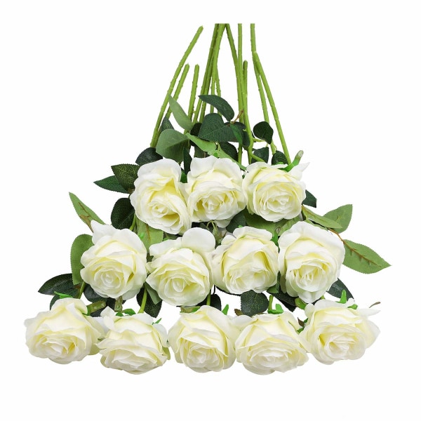 12 STK kunstige roser, 19,68'' enkel lang stilk falsk rose silke brudebukett realistisk blomst til hjemmehage (blomsterroser, hvit)