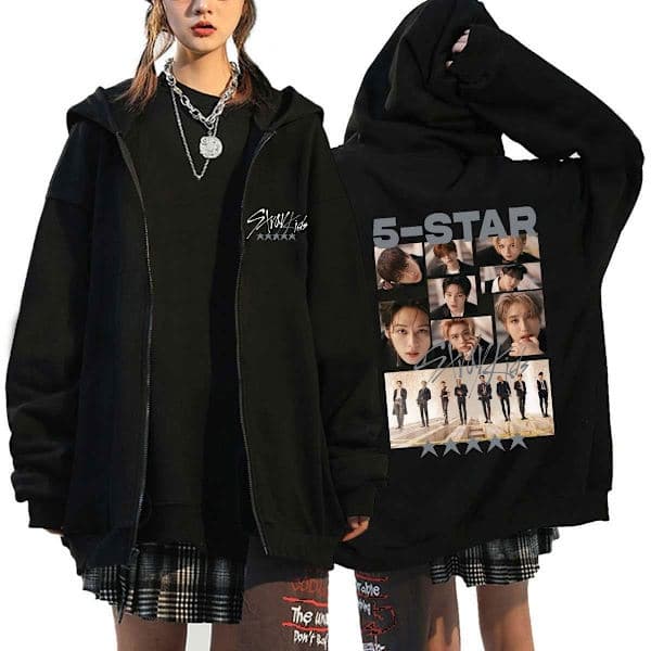 (AZC) Koreansk stjernegruppe Stray Kids hættetrøje mænds sorte sweatshirt 4 Sort 4{KPO} Sort 4 L