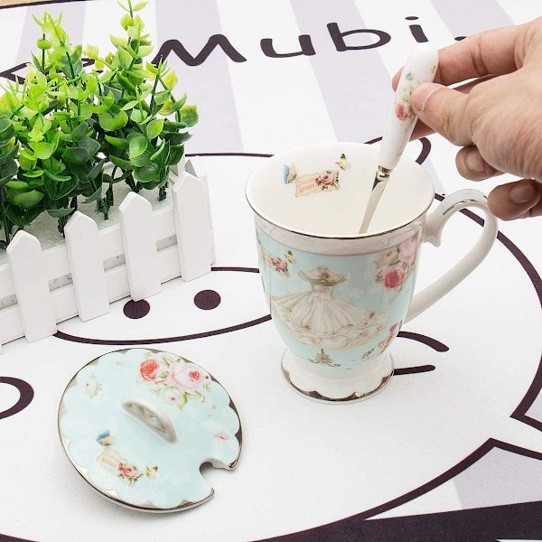Tech Euro Style Porcelæn Te Kop Kaffe Krus med Låg til Morgenmad Hjem Køkken ((Rose og Kjole Mønster) (Blå)) B
