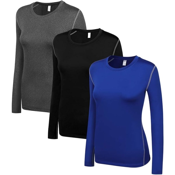 Kompressionströja för damer med torr passform och långärmad löpning atletisk T-shirt träningströjor, stor 3-pack (svart+grå+blå)