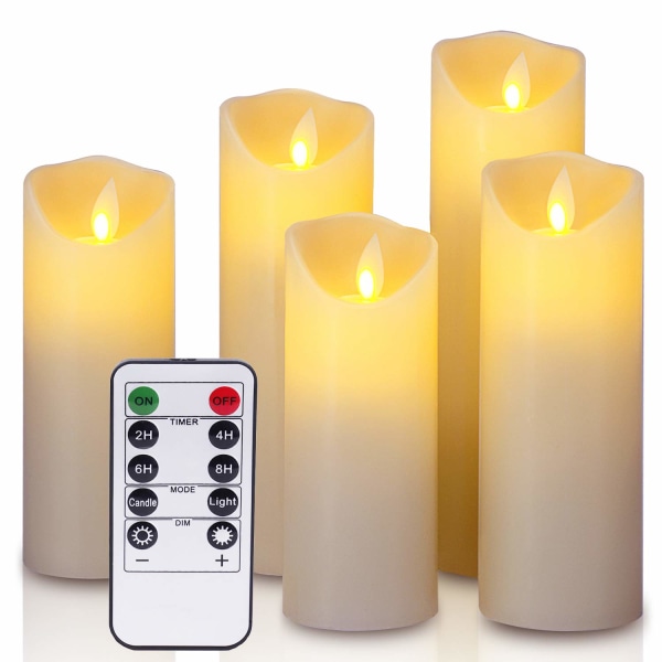LED-stearinlys, flammeløse stearinlys 13/14/16/18/20 cm Sett med 5 LED-flammer i ekte voks og 10-knappers fjernkontroll med 2/4/6/8-timers timer (elfenben, 5×1)