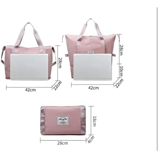 Sammenleggbar reiseveske med stor kapasitet, bærbar lett, vanntett kryssveske i Oxford-stoff, med fast stropp sammenleggbar reiseveske for bagasje (grå rosa)