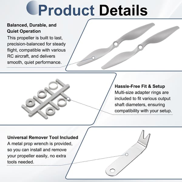 MECCANIXITY 7x5 tommer RC-propeller, 2-bladet propellerudskiftning grå højhastighedspropeller med adapterringe og propellernøgle til RC-fly 4 7" x 5" 4