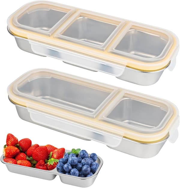 2 stk. snackboks med rom, 2 og 3 rom, matboks i rustfritt stål (26,2*10,3*4 cm, 600 ml)