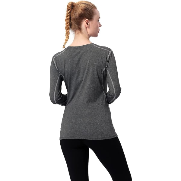 Dame kompressionsskjorte Dry Fit langærmet løbeatletisk T-shirt træningstoppe，Stor 2-pak (sort+grå)