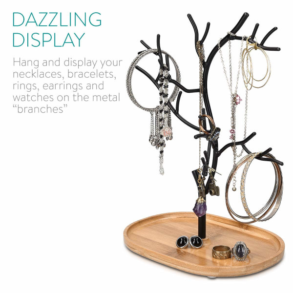 Smykketre laget av tre og metall - smykkestativ for halskjeder, øredobber, ringer - dekorativ smykkeoppbevaring - stativ