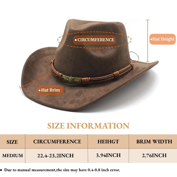 Cowboyhatt for kvinner og menn Western Suede Hat Panama Hat Cowboy og Cowgirl Hat Filt Bredbrem Fedora Hatter -Brun