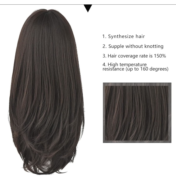 Hårfargeparykk for kvinner Syntetisk hår Naturlig lang rett parykk med smell (25 tommer, svart te)