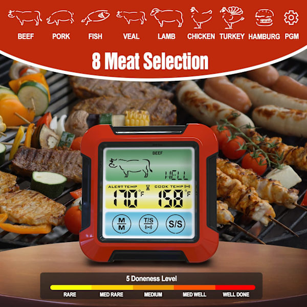 Digital kötttermometer med smakinställning, timer, larm och magnetisk baksida, 1 trådlös sond lämnar i ugnen grill säker BBQ rökare kök mattermometer