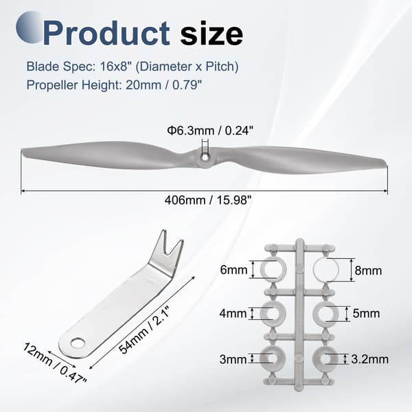 MECCANIXITY 16x8 tommer RC-propeller, 2-bladet propellerudskiftning grå højhastighedspropeller med adapterringe og propelnøgle til RC-fly 16" x 8" 1