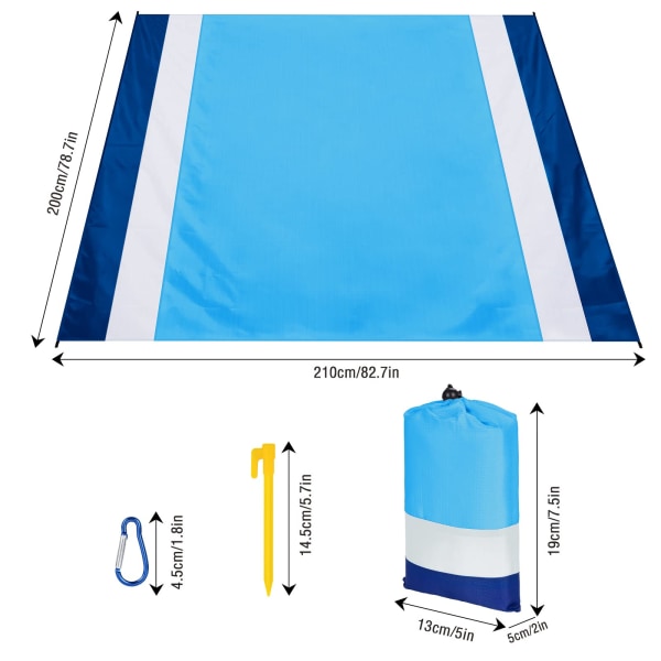 Picnic-tæppe 210 x 200 cm sandfrit strandtæppe ultralet tæppe vandtæt campingtilbehør med 4 pinde
