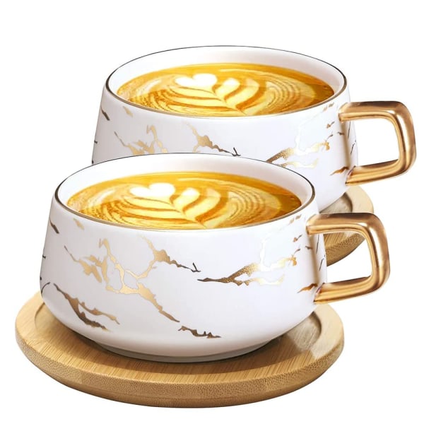 2 stk cappuccinokopper med underfat, 300 ml porselensespressokopper for te kaffe cappuccino, kaffekopper med treplate (hvit*2)