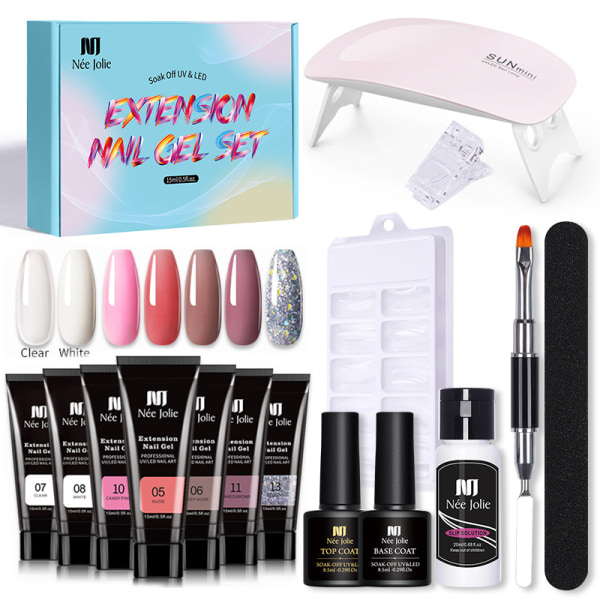 15ml Extension Gel Nagelsats med Mini Nagellampa UV Extension Geler Borste Falska Nagelspetsar Nagel Extension Spetsar Clip Baslack Topplack för Nagelkonst