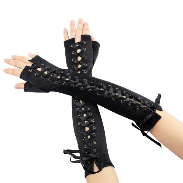 1 pari naisten pitkät sormettomat hanskat, nauhoitettu satiini Muodikkaat Steampunk-käsineet käsivarrenlämmitin naisille Naisten tytöille hääjuhla Halloween (musta)