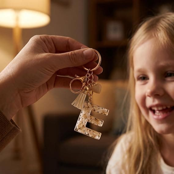 Personlig bogstavnøglering - Nøglering med guldharpikshjerte og beige kvast, brugerdefineret initialvedhæng til rygsække, bilnøgler (E) E