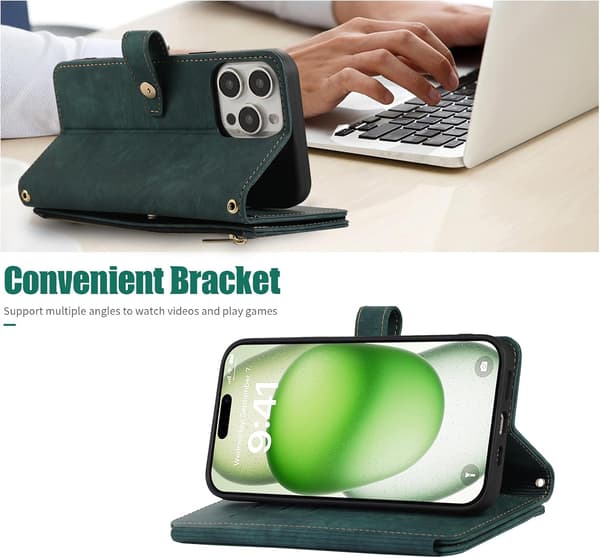 Plånboksfodral för iPhone 16 Pro Max (1-pack) — Foliodesign med handledsrem, 9 kortfack och stativ; magnetisk stängning (grön) iPhone16 Promax green