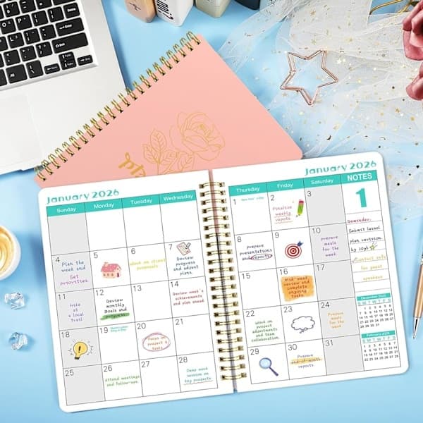 Ukeplanlegger og månedskalender 2026, daglig agenda-planlegger, egnet for planlegging/skoleplanlegging B B