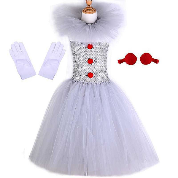 Clowndräkt för flickor, Halloween Cosplay Partykostym, Mesh Prinsessklänning, Hårklämma, Handske Set, Barn 140cm