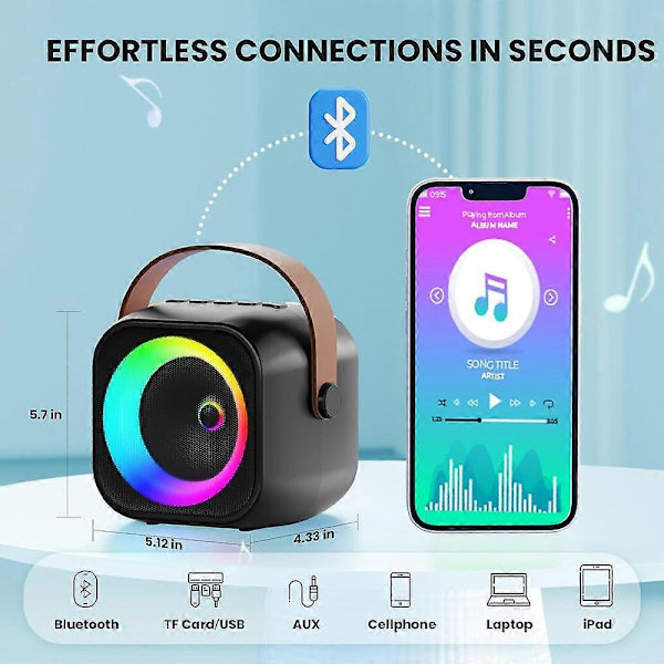 Karaoke-laite lapsille ja aikuisille, Mini kannettava Bluetooth-karaokekaiutin 2 langattomalla mikrofonilla ja valolla Black 2 mic