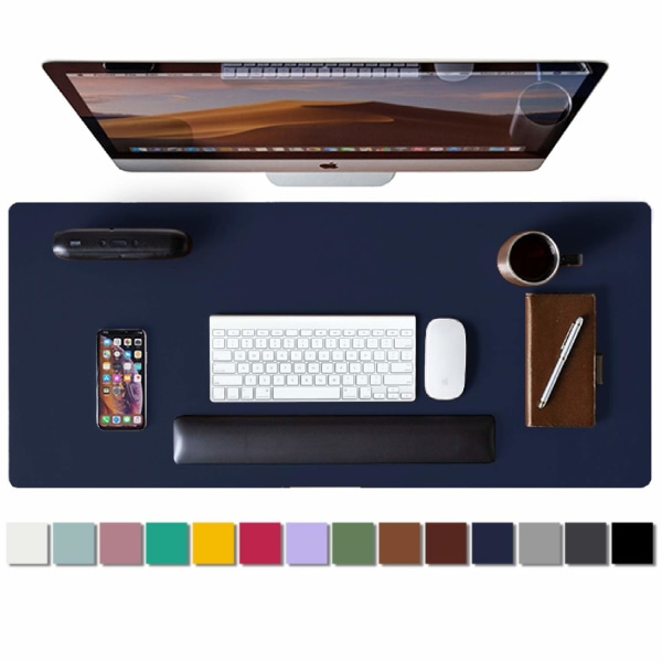 Læder skrivebordspudebeskytter, musemåtte, kontorbordsmåtte, skridsikker PU-læder skrivebordspude, bærbar bordplade, vandtæt (mørkeblå, 31,5" x 15,7")